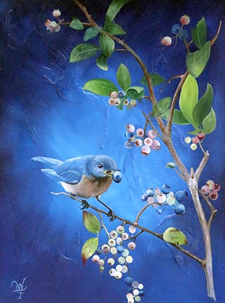 Painting of a bluebird with berries