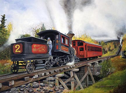 Painting of a locomotive on the Cog Railway climbing Mt. Washington
