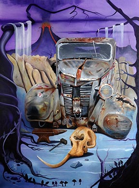 Surreal allegorical painting of a vintage car