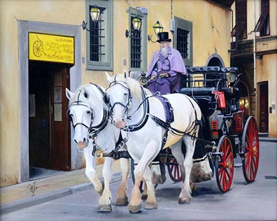 Painting of a horse drawn carriage on an old Italian street