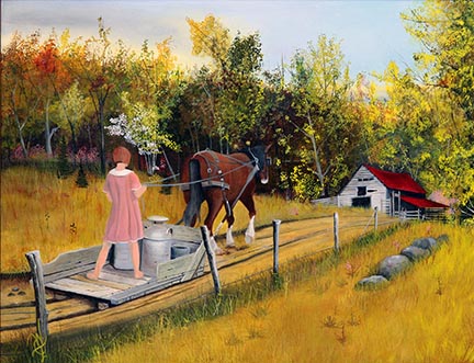 Painting of a young woman riding a horse drawn sled carrying milk