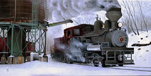 Painting of a steam locomotive at a water stop