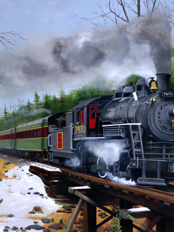 An oil painting of steam engine 7470 crossing a trestle bridge