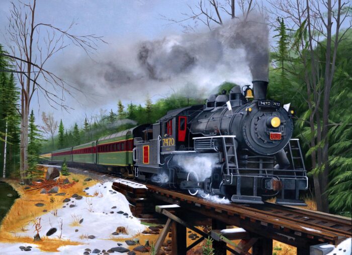An oil painting of steam engine 7470 crossing a trestle bridge