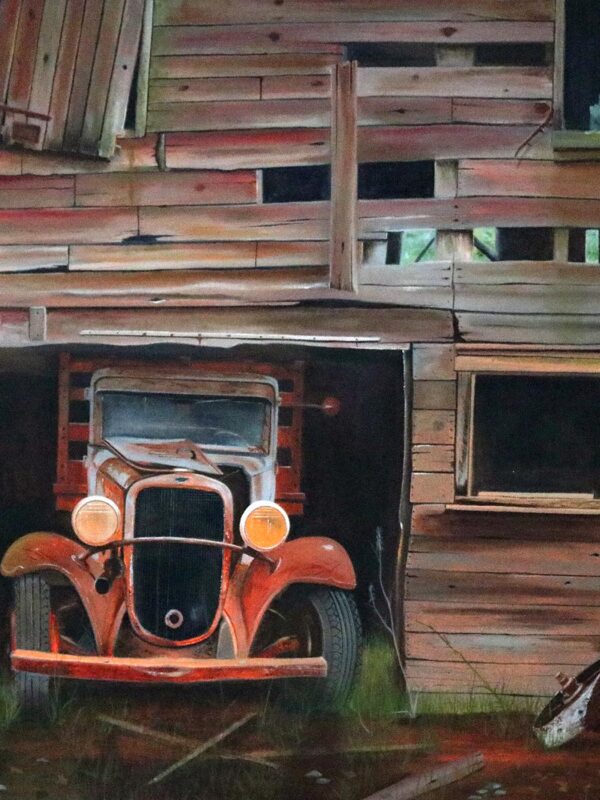 An oil painting of an old truck in an old barn