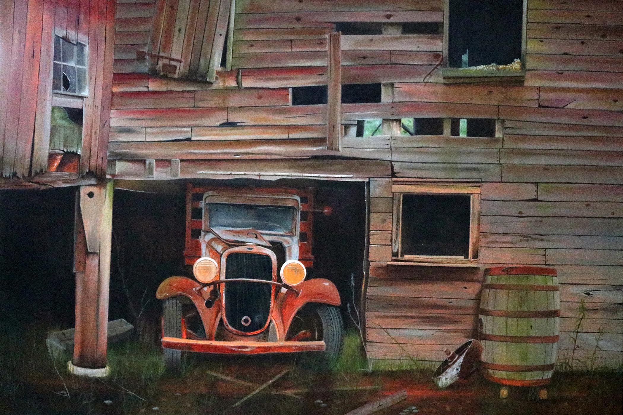 An oil painting of an old truck in an old barn