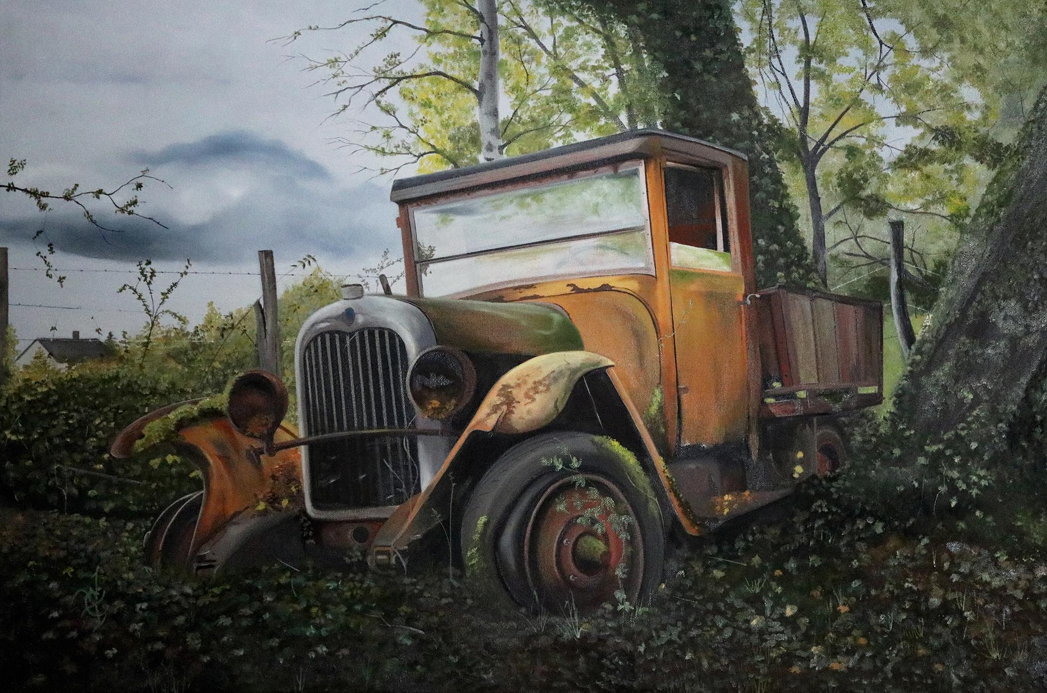An oil painting of an old truck in a field