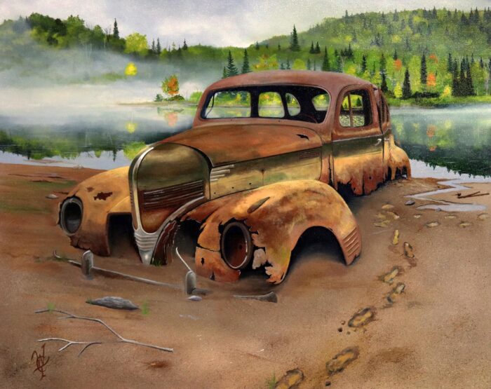 An oil painting of an old rusty car in a muddy river bank