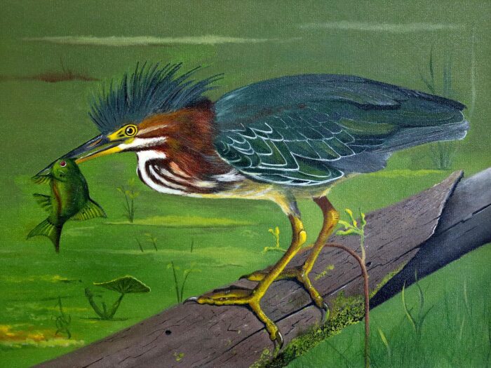 An oil painting of a green heron