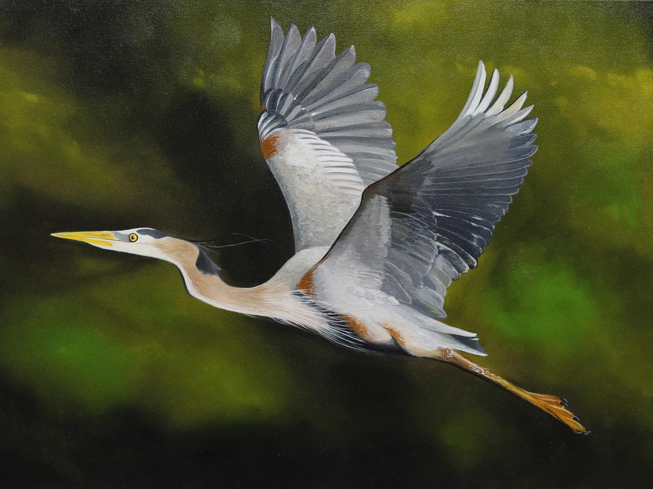 An oil painting of a crane in flight