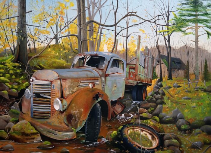 Painting of an old International truck sitting in a stream