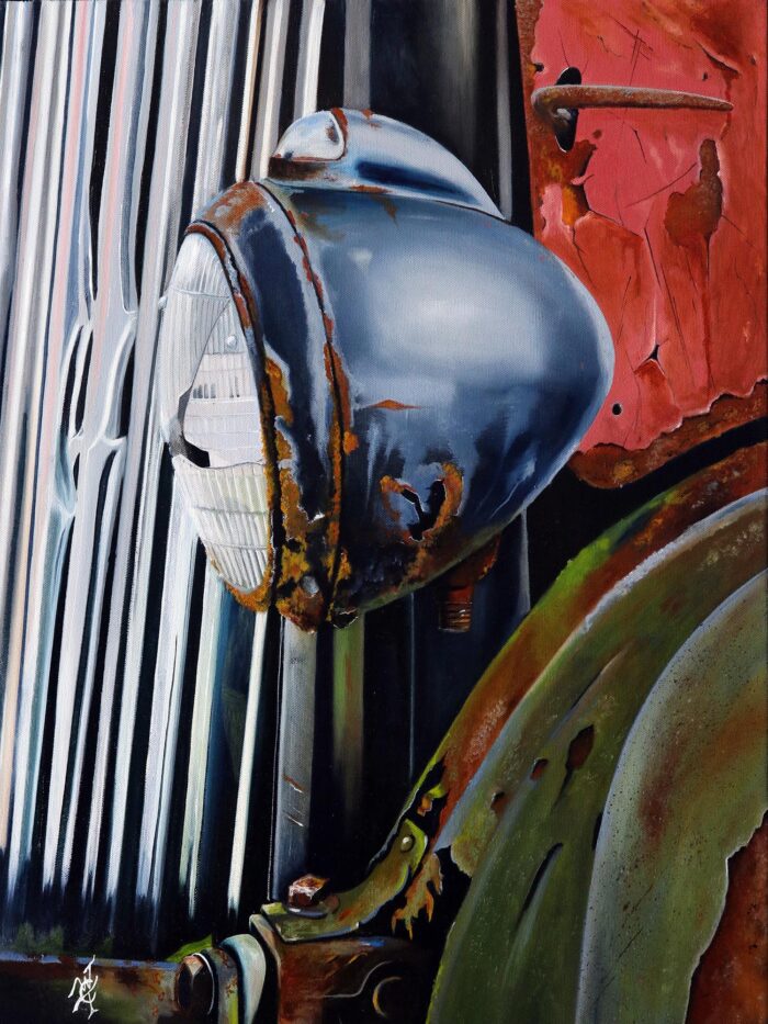 An oil painting of a headlight from an old truck