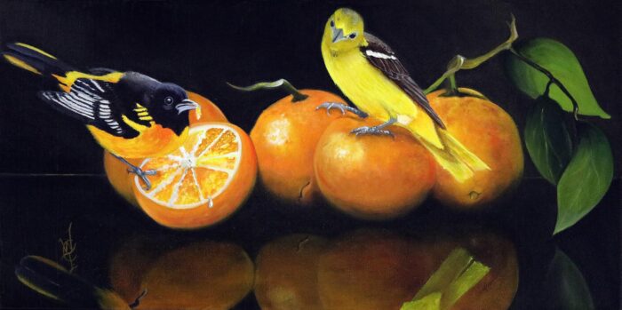 An oil painting of orioles perched on oranges