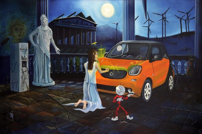 An allegorical oil painting of Pandora and a Smart Car
