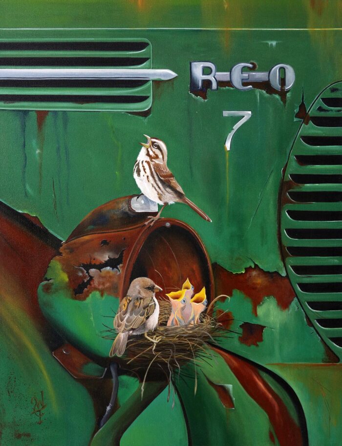 An oil painting of an old rusty REO truck with birds nesting in a headlamp
