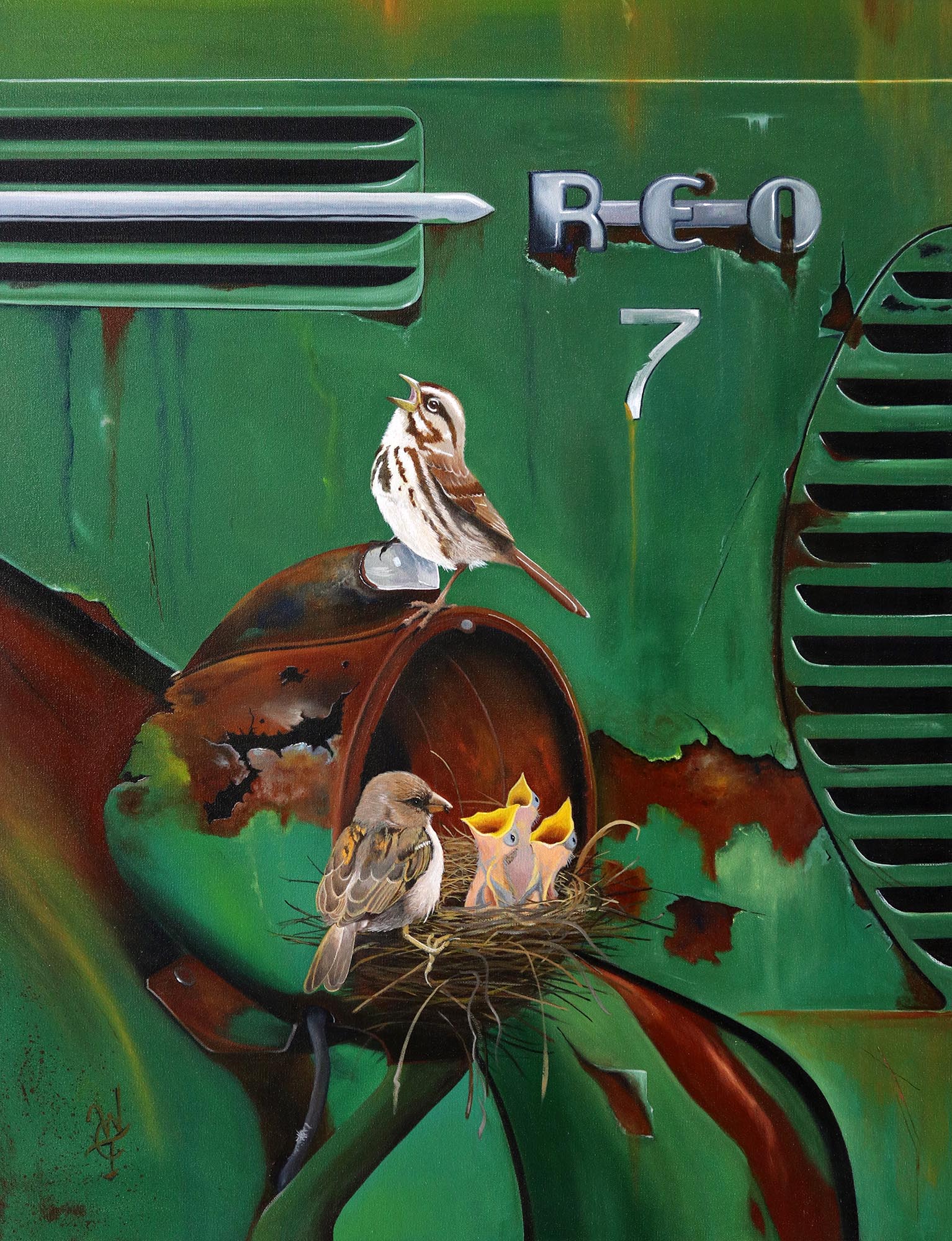 An oil painting of an old rusty REO truck with birds nesting in a headlamp