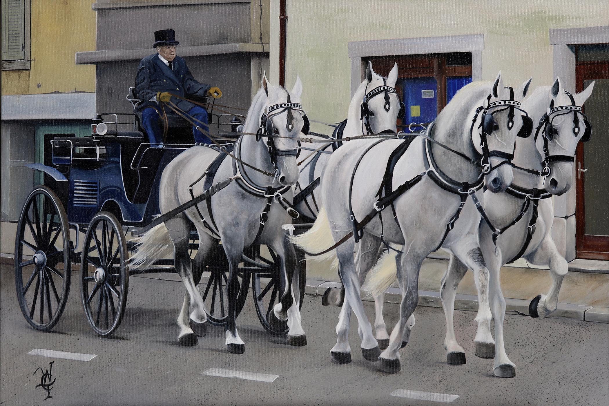 An oil painting of a horse drawn carriage drawn by 4 white horses