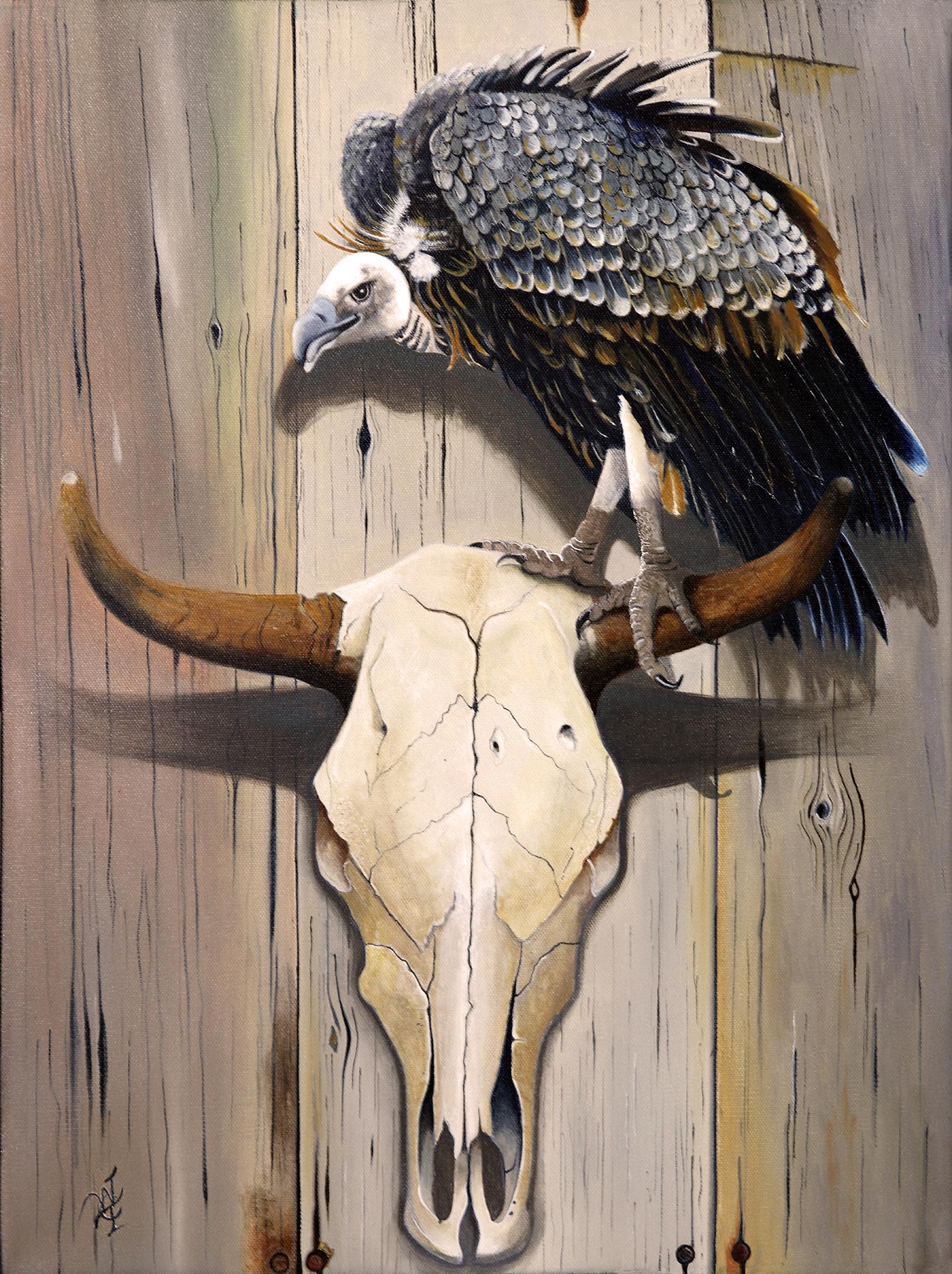 An oil painting of a scavenger bird sitting on a cow skull that is mounted on a wooden wall