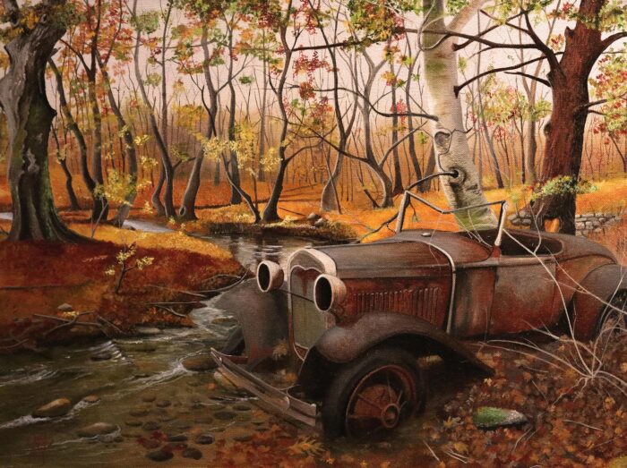 An oil painting of an old rusty car sitting beside a wooded stream